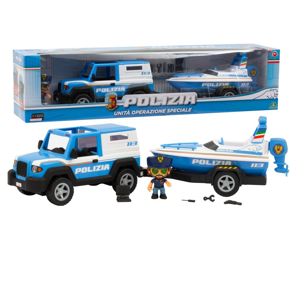 Polizia jeep e motoscafo con personaggio